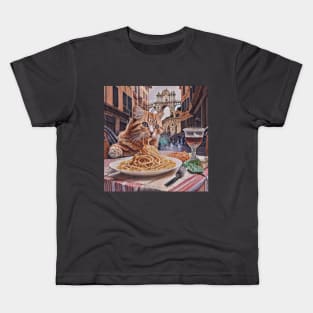 Cat Eating Spaghetti At A Table On The Streets Of Rome, Italy Kids T-Shirt